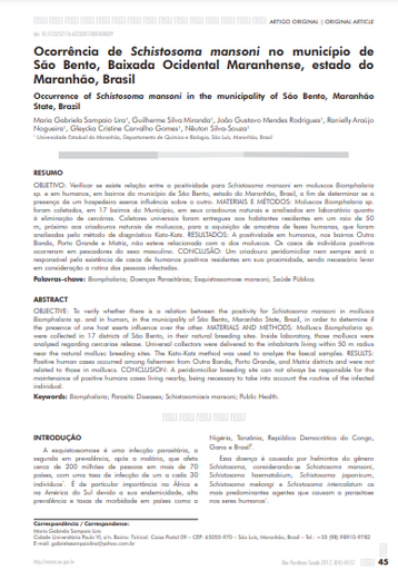 Ocorrência de Schistosoma mansoni no município de São Bento, Baixada Ocidental Maranhense, estado do Maranhão, Brasil