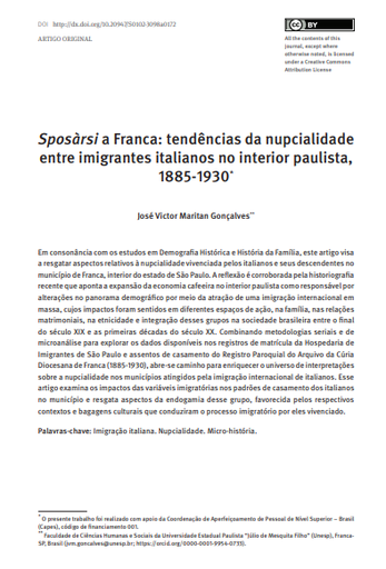 Sposàrsi a Franca: tendências da nupcialidade entre imigrantes italianos no interior paulista, 1885-1930