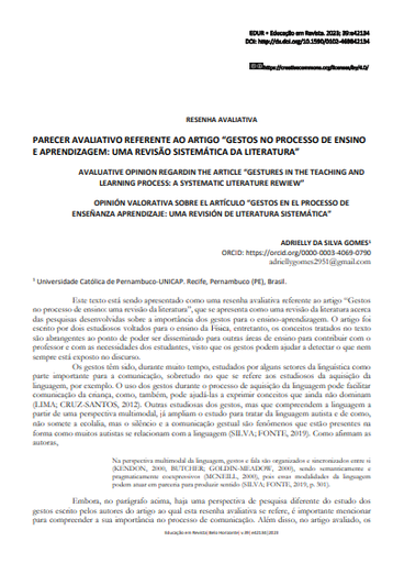 PARECER AVALIATIVO REFERENTE AO ARTIGO “GESTOS NO PROCESSO DE ENSINO E APRENDIZAGEM: UMA REVISÃO SISTEMÁTICA DA LITERATURA”