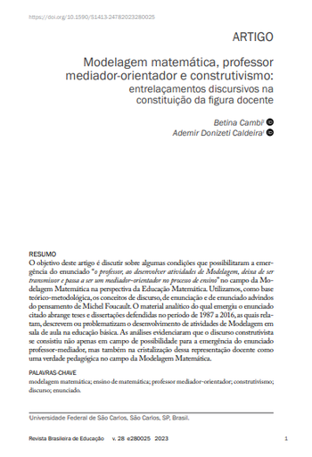 Modelagem matemática, professor mediador-orientador e construtivismo: entrelaçamentos discursivos na constituição da figura docente