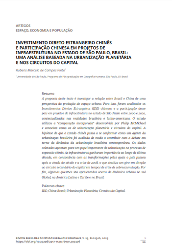 Investimento Direto Estrangeiro chinês e participação chinesa em projetos de infraestrutura no estado de São Paulo, Brasil: uma análise baseada na urbanização planetária e nos circuitos do capital