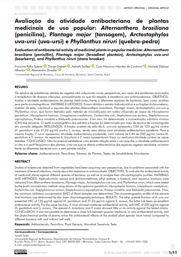 Avaliação da atividade antibacteriana de plantas medicinais de uso popular: Alternanthera brasiliana (penicilina), Plantago major (tansagem), Arctostaphylos uva-ursi (uva-ursi) e Phyllanthus niruri (quebra-pedra)