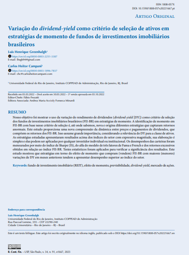 Dividend-yield variation as an asset selection criterion in momentum strategies of Brazilian real estate investment trusts