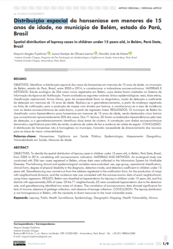 Distribuição espacial da hanseníase em menores de 15 anos de idade, no município de Belém, estado do Pará, Brasil