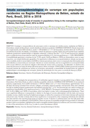Estudo soroepidemiológico do sarampo em populações residentes na Região Metropolitana de Belém, estado do Pará, Brasil, 2016 a 2018