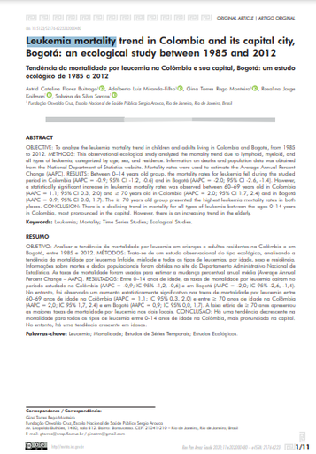 Tendência da mortalidade por leucemia na Colômbia e sua capital, Bogotá: um estudo ecológico de 1985 a 2012