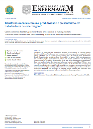 Common mental disorders, productivity and presenteeism in nursing workers