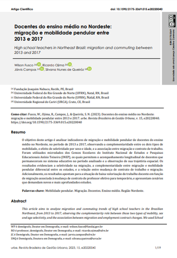 Docentes do ensino médio no Nordeste: migração e mobilidade pendular entre 2013 e 2017