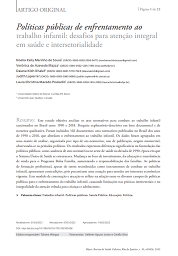 Políticas públicas de enfrentamento ao trabalho infantil: desafios para atenção integral em saúde e intersetorialidade