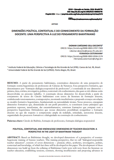 DIMENSÕES POLÍTICA, CONTEXTUAL E DO CONHECIMENTO DA FORMAÇÃO DOCENTE: UMA PERSPECTIVA À LUZ DO PENSAMENTO BAKHTINIANO