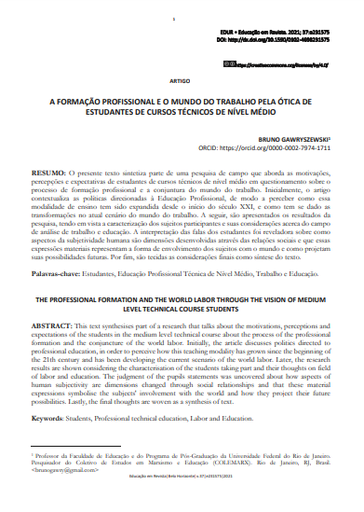 A FORMAÇÃO PROFISSIONAL E O MUNDO DO TRABALHO PELA ÓTICA DE ESTUDANTES DE CURSOS TÉCNICOS DE NÍVEL MÉDIO