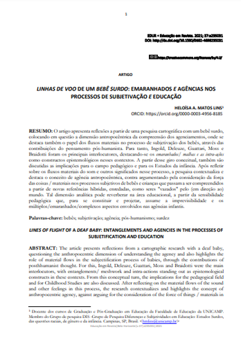 LINHAS DE VOO DE UM BEBÊ SURDO: EMARANHADOS E AGÊNCIAS NOS PROCESSOS DE SUBJETIVAÇÃO E EDUCAÇÃO
