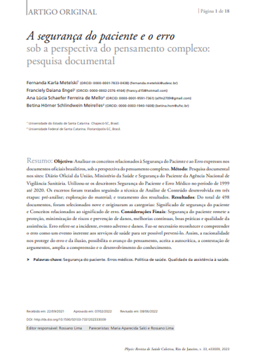 A segurança do paciente e o erro sob a perspectiva do pensamento complexo: pesquisa documental