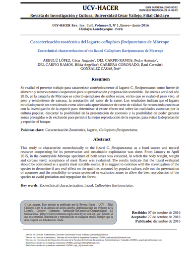 Caracterización zootécnica del lagarto callopistes flavipunctatus de Mórrope