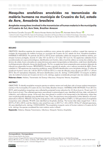 Mosquitos anofelinos envolvidos na transmissão da malária humana no município de Cruzeiro do Sul, estado do Acre, Amazônia brasileira