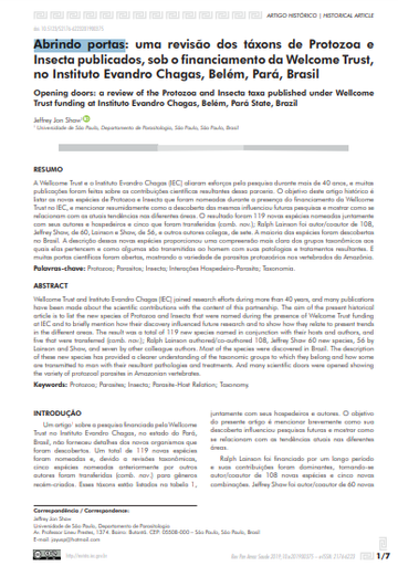 Abrindo portas: uma revisão dos táxons de Protozoa e Insecta publicados, sob o financiamento da Welcome Trust, no Instituto Evandro Chagas, Belém, Pará, Brasil