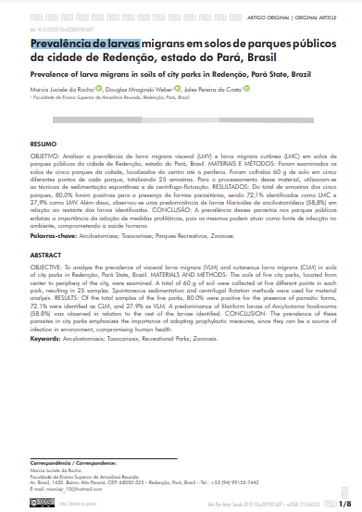 Prevalência de larvas migrans em solos de parques públicos da cidade de Redenção, estado do Pará, Brasil