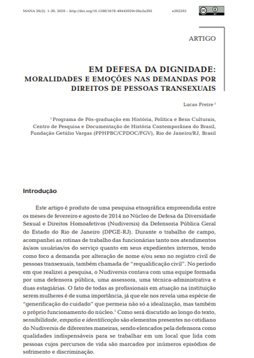 Em defesa da dignidade: moralidades e emoções nas demandas por direitos de pessoas transexuais