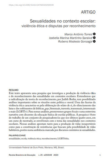 Sexualidades no contexto escolar: violência ética e disputas por reconhecimento