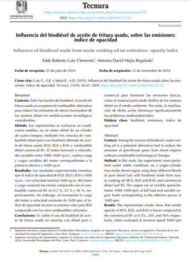 Influencia del biodiésel de aceite de fritura usado, sobre las emisiones: índice de opacidad