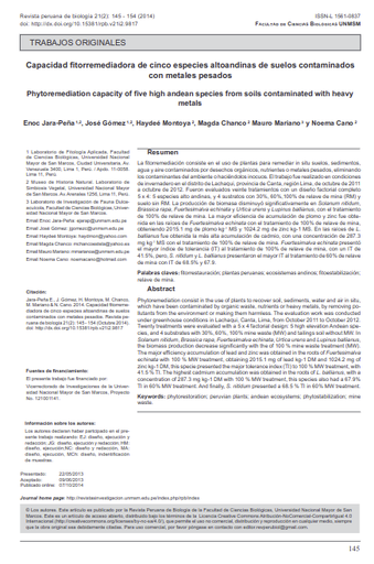 Capacidad fitorremediadora de cinco especies altoandinas de suelos contaminados con metales pesados