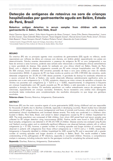 Detecção de antígenos de rotavírus no soro de crianças hospitalizadas por gastroenterite aguda em Belém, Estado do Pará, Brasil