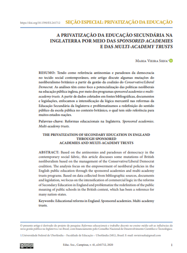 A privatização da educação secundária na Inglaterra por meio das Sponsored Academies e das Multi-Academy Trusts