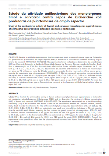 Estudo da atividade antibacteriana dos monoterpenos timol e carvacrol contra cepas de Escherichia coli produtoras de β-lactamases de amplo espectro