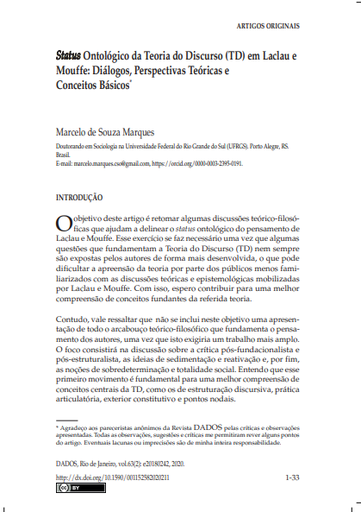 Status Ontológico da Teoria do Discurso (TD) em Laclau e Mouffe: Diálogos, Perspectivas Teóricas e Conceitos Básicos