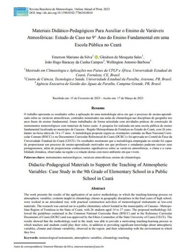 Materiais Didático-Pedagógicos Para Auxiliar o Ensino de Variáveis Atmosféricas: Estudo de Caso no 9° Ano do Ensino Fundamental em uma Escola Pública no Ceará