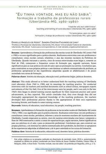 “Eu tinha vontade, mas eu não sabia”: formação e trabalho de professoras rurais (Uberlândia-MG, 1960-1980)