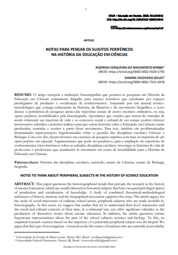 NOTAS PARA PENSAR OS SUJEITOS PERIFÉRICOS NA HISTÓRIA DA EDUCAÇÃO EM CIÊNCIAS NOTAS PARA PENSAR OS SUJEITOS PERIFÉRICOS NA HISTÓRIA DA EDUCAÇÃO EM CIÊNCIAS