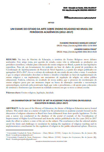 UM EXAME DO ESTADO DA ARTE SOBRE ENSINO RELIGIOSO NO BRASIL EM PERIÓDICOS ACADÊMICOS (2012-2017)
