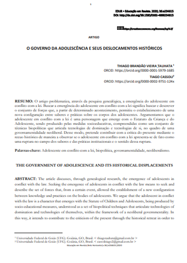 O GOVERNO DA ADOLESCÊNCIA E SEUS DESLOCAMENTOS HISTÓRICOS