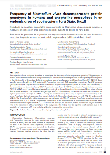 Frequência de genótipos da proteína circunsporozoíta de Plasmodium vivax em seres humanos e mosquitos anofelinos em área endêmica da região sudeste do Estado do Pará, Brasil