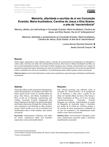 Memória, alteridade e escritas de si em Conceição Evaristo, Maria Auxiliadora, Carolina de Jesus e Elza Soares: a arte da “escrevivência”