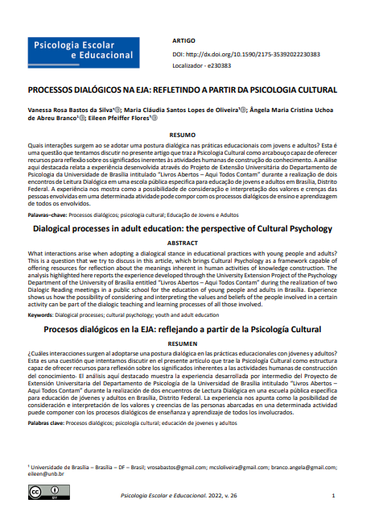 PROCESSOS DIALÓGICOS NA EJA: REFLETINDO A PARTIR DA PSICOLOGIA CULTURAL