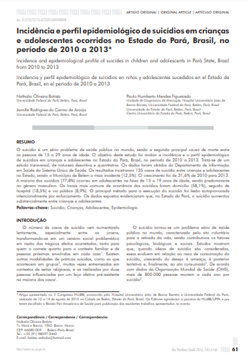 Incidência e perfil epidemiológico de suicídios em crianças e adolescentes ocorridos no Estado do Pará, Brasil, no período de 2010 a 2013