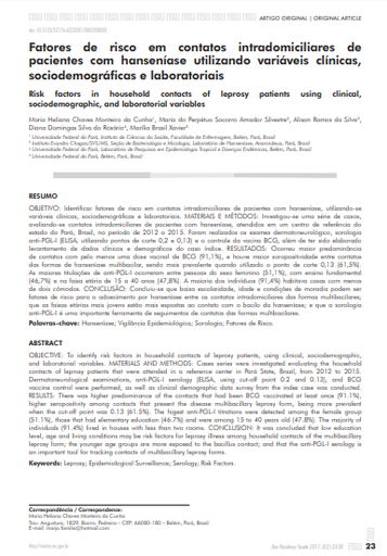 Fatores de risco em contatos intradomiciliares de pacientes com hanseníase utilizando variáveis clínicas, sociodemográficas e laboratoriais