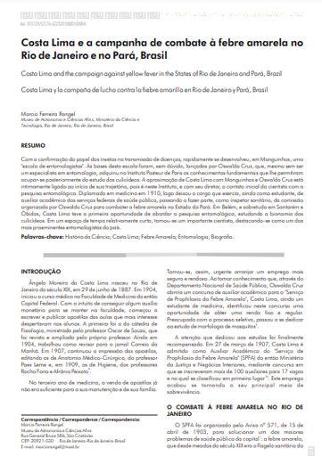 Costa Lima e a campanha de combate à febre amarela no Rio de Janeiro e no Pará, Brasil