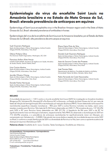 Epidemiologia do vírus da Encefalite de Saint Louis na Amazônia brasileira e no Estado do Mato Grosso do Sul, Brasil: elevada prevalência de anticorpos em equinos