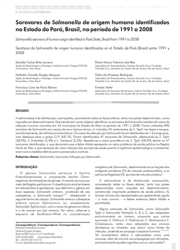 Sorovares de Salmonella de origem humana identificados no Estado do Pará, Brasil, no período de 1991 a 2008