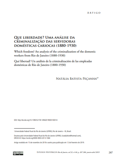 QUE LIBERDADE? UMA ANÁLISE DA CRIMINALIZAÇÃO DAS SERVIDORAS DOMÉSTICAS CARIOCAS (1880-1930)