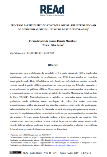 PROCESSO PARTICIPATIVO NO CONTROLE SOCIAL: UM ESTUDO DE CASO DO CONSELHO MUNICIPAL DE SAÚDE DE JUIZ DE FORA (MG)