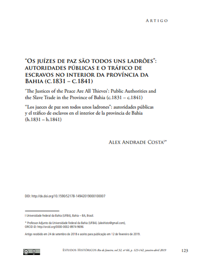 “OS JUÍZES DE PAZ SÃO TODOS UNS LADRÕES”: AUTORIDADES PÚBLICAS E O TRÁFICO DE ESCRAVOS NO INTERIOR DA PROVÍNCIA DA BAHIA (C.1831 - C.1841)