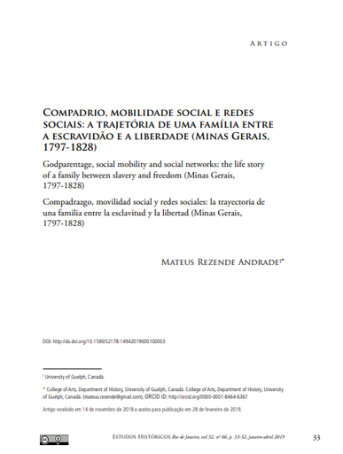 Compadrio, mobilidade social e redes sociais: a trajetória de uma família entre a escravidão e a liberdade (Minas Gerais, 1797-1828)