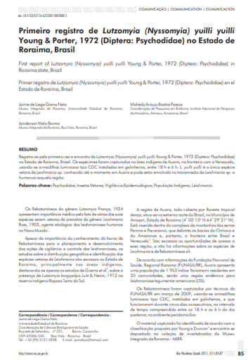Primeiro registro de Lutzomyia (Nyssomyia) yuilli yuilli Young &amp; Porter, 1972 (Diptera: Psychodidae) no Estado de Roraima, Brasil