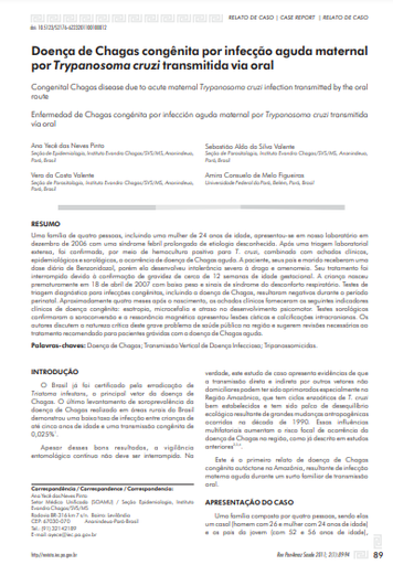 Doença de Chagas congênita por infecção aguda maternal por Trypanosoma cruzi transmitida via oral