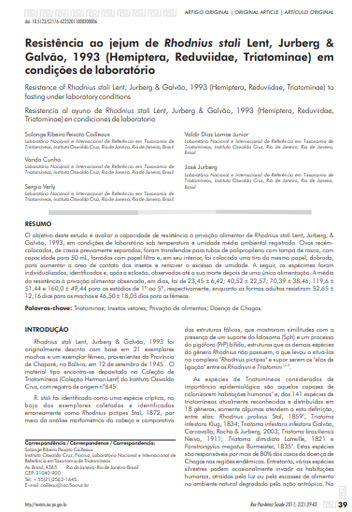 Resistência ao jejum de Rhodnius stali Lent, Jurberg &amp; Galvão, 1993 (Hemiptera, Reduviidae, Triatominae) em condições de laboratório