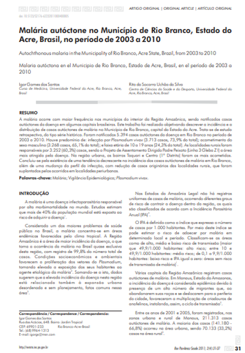 Malária autóctone no Município de Rio Branco, Estado do Acre, Brasil, no período de 2003 a 2010